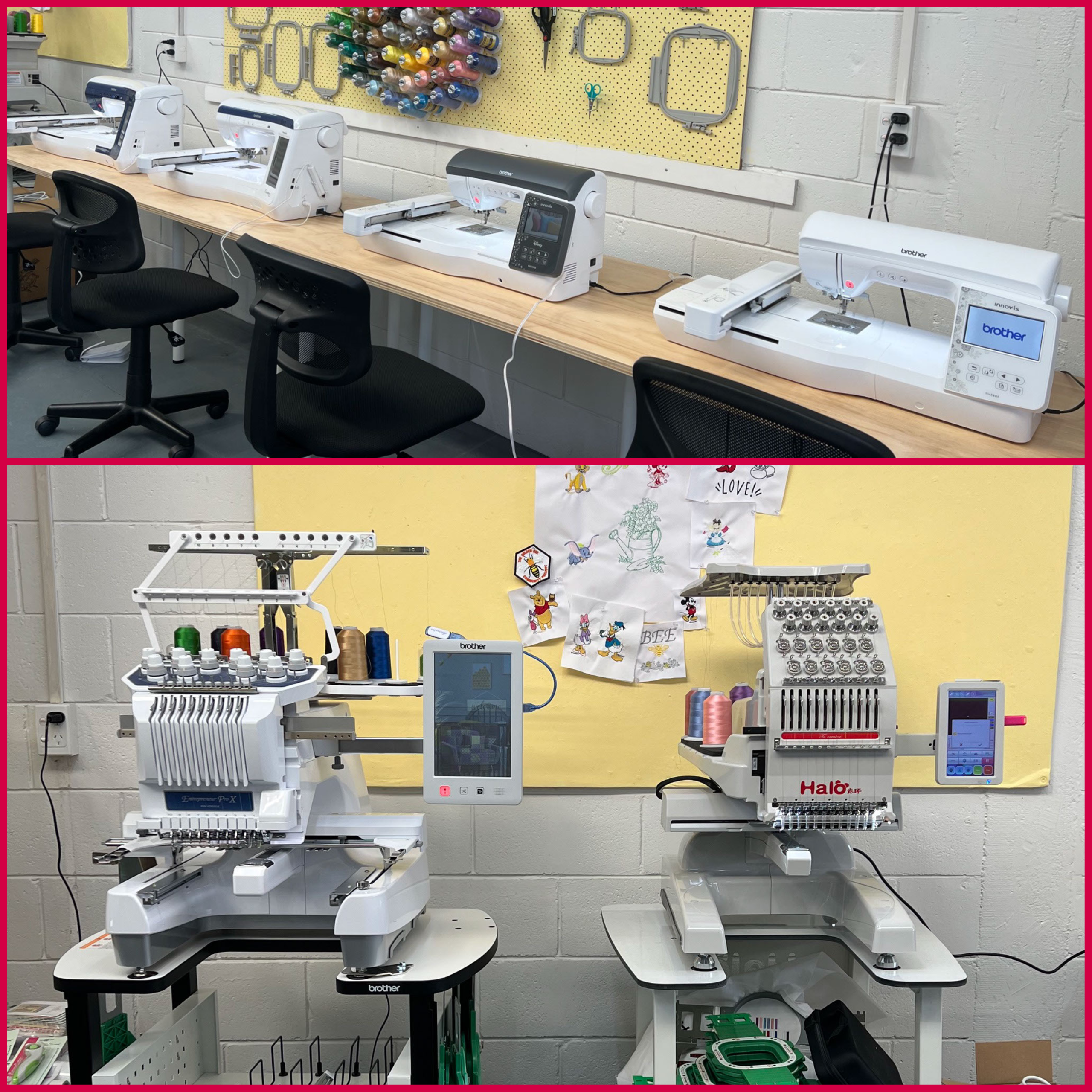 sewing machines, embroidery machines and multineedle embroidery machines on display